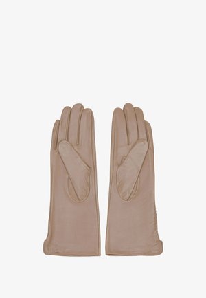 Leren handschoenen in een zachte, lichtbeige kleur met een gestroomlijnd ontwerp. Voorzien van vijf vingersloten en een gladde, gepolijste textuur.