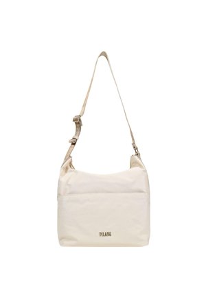 Bolso de hombro color crema con correa ajustable y pequeño logo de la marca en oro en el frente, de textura simple y suave.