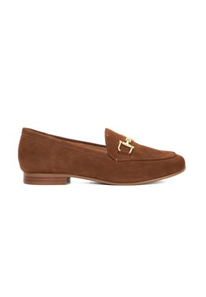 Brown suede loafers with a low heel and a gold buckle detail on the front; the design features a rounded toe and stitched accents.