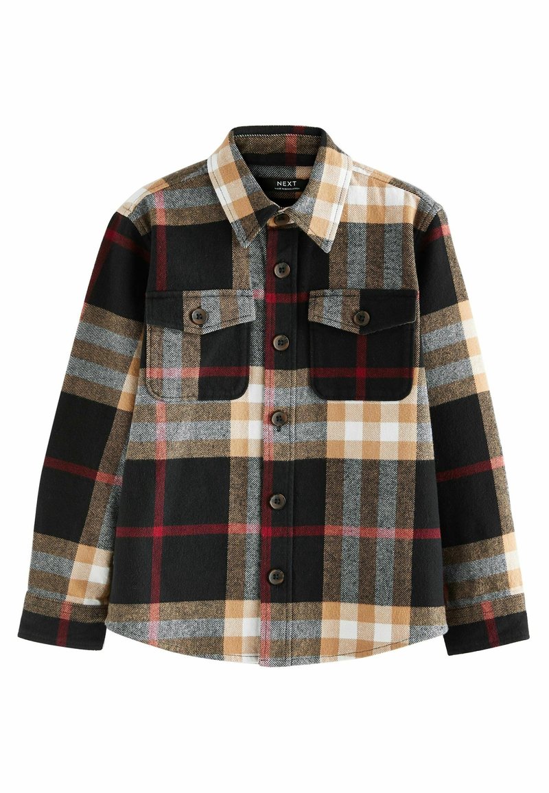 Chemise à manches longues boutonnée avec col et deux poches poitrine, motif à carreaux noir, beige, blanc et rouge.