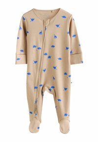 Tan long-sleeve onesie with blue dinosaur patterns, front zip closure, and footed design. Soft fabric with rounded neckline and no fasteners.