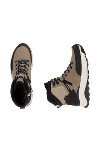 Braune und schwarze Wanderschuhe mit einer strukturierten Oberseite, robusten Schnürsenkeln, Gummisohlen und verstärkten Zehenkappen. Verfügt über einen gepolsterten Schaft und eine Zunge.