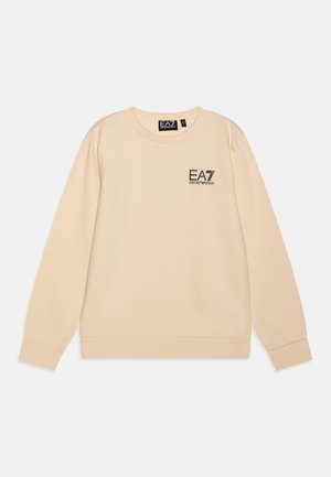 Sweatshirt beige à manches longues et col ras du cou avec le logo "EA7 Emporio Armani" sur la poitrine, et poignets ainsi qu'ourlet côtelés.