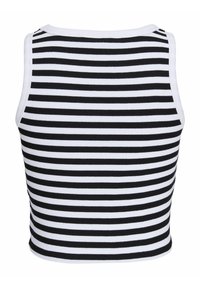 Čierny a biely pruhovaný crop top vyrobený z rebrovanej látky, s širokými ramienkami a rovný lem na zadnej strane.