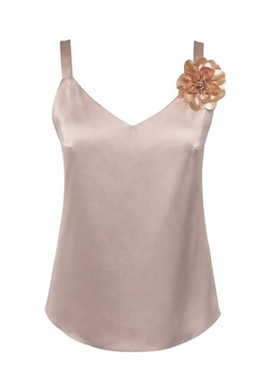 REGINA FASHION, REGINA FASHION .V-NECK SATIN TOP WITH 3D FLOWER DETAIL - Top - beige