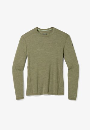 Langarmhemd aus olivgrünem Stoff mit strukturierter Oberfläche. Mit Rundhalsausschnitt und dezentem Logo am Ärmel.