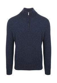 Marineblauwe longsleeve trui met een kwart rits en geribde kraag, subtiel tekstuur zigzagpatroon door de stof.