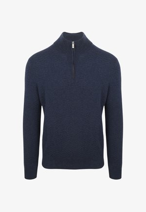 Navy blue long-sleeve sweater with a quarter zip and ribbed collar, subtle textured zigzag pattern throughout the fabric.