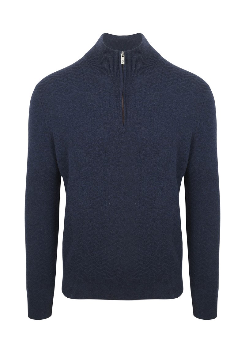 Marineblauwe longsleeve trui met een kwart rits en geribde kraag, subtiel tekstuur zigzagpatroon door de stof.