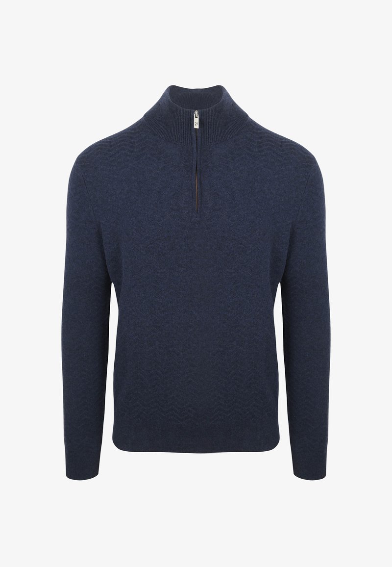 Marineblauwe longsleeve trui met een kwart rits en geribde kraag, subtiel tekstuur zigzagpatroon door de stof.