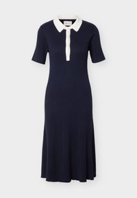 Μίντι φόρεμα από ριμπ πλεκτό σε ναυτικό μπλε, με κοντά μανίκια, λευκό μυτερό γιακά και μπροστινή πατιλέτα με κουμπιά.