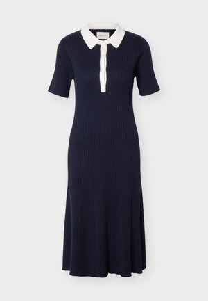 Meresinine soonikkoes midi kleit lühikeste varrukatega, valge terava kraega ja nööpidega ees.