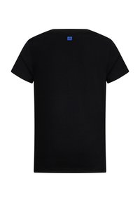 Czarna bawełniana koszulka z okrągłym dekoltem i krótkimi rękawami. Posiada mały niebieski detal logo na karku. Gładka tekstura.