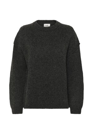 Maglione grigio scuro in maglia, con colletto rotondo, spalle scese e polsini a costine. Tessuto testurizzato con una vestibilità leggermente ampia.