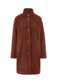 Cappotto in fleece marrone con colletto alto, otto bottoni davanti e due tasche laterali, caratterizzato da una superficie testurizzata.