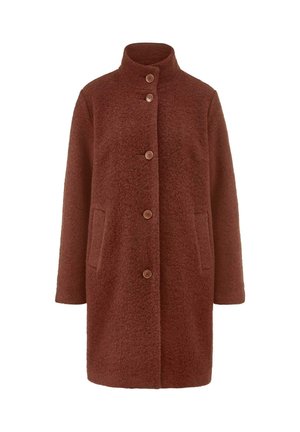 Brauner Fleecepullover mit hohem Kragen, acht Knöpfen auf der Vorderseite und zwei seitlichen Taschen, mit einer strukturierten Oberfläche.