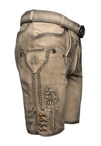 Kožené šortky v světle béžové barvě s propracovaným černým vyšíváním a dekorativními knoflíky na boku. Obsahují poutka na pás a kapsu.