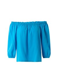 Bluzka na ramiączkach w jasnoniebieskim kolorze, z elastycznym dekoltem i bufkami. Wykonana z lekkiego, gładkiego materiału o luźnym kroju.