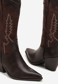 Bottes de cowboy en cuir marron et en daim avec des pointes acérées, des talons empilés de hauteur moyenne et des coutures blanches décoratives sur la tige.