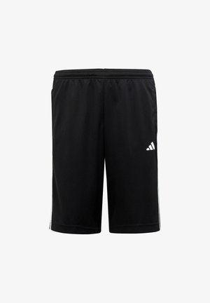 Černé sportovní šortky s elastickým pasem, vyrobené z lehkého materiálu, s bílými bočními pruhy a malým logem na dolním lemu.