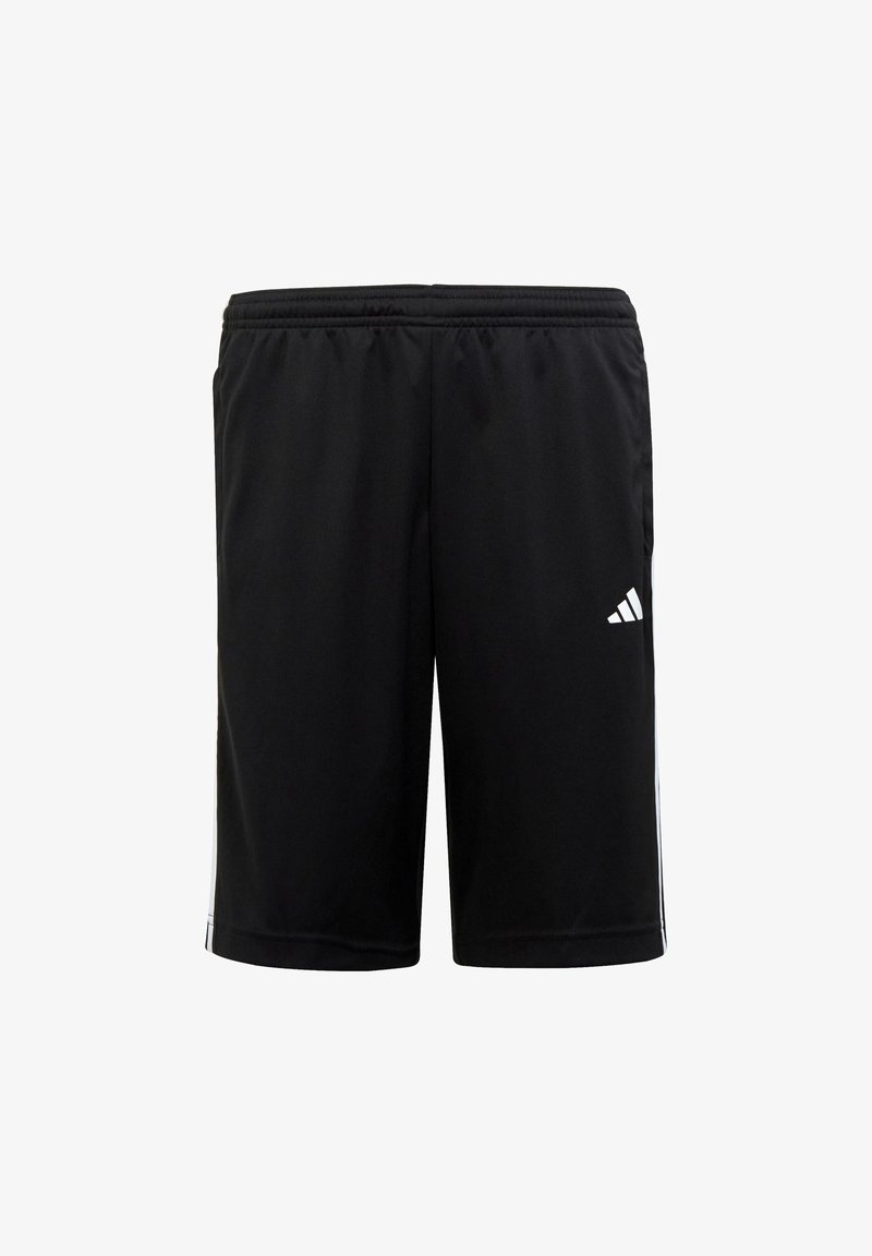 Schwarze Sportshorts mit einem elastischen Bund, aus leichtem Stoff gefertigt, mit weißen Seitenstreifen und einem kleinen Logo am unteren Saum.