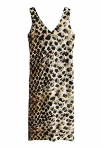 Šaty bez rukávov s leopardím vzorom a výstrihom do V, s čiernymi a pieskovými škvrnami na svetlom pozadí, vyrobené z hladkého materiálu s elegantnou textúrou.