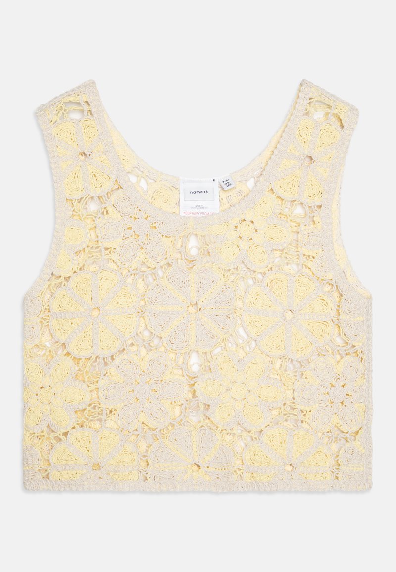 Kollane heegeldatud tanktop, millel on lillemustrid, ümmargune kaelus ja sans varrukad. Tekstuuriga kangas ning keerukad detailid kogu toote ulatuses.