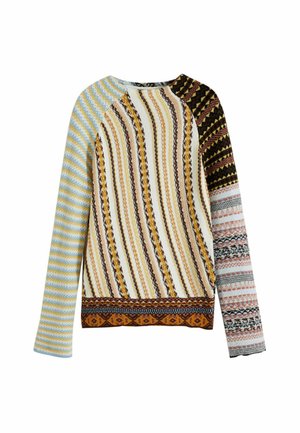Pulover tricotat multicolor cu modele în dungi în nuanțe de albastru, galben, maro și alb. Mâneci lungi cu designuri și texturi variate.