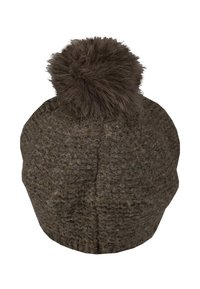 Barna kötött sapka, textúrált anyagból készült, amelynek tetején egy bolyhos pom-pom található, és szoros illeszkedést biztosít a fej körül.
