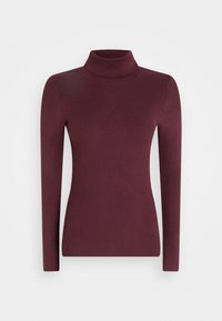 Vinröd ribbad polotröja med långa ärmar, tillverkad i mjukt material, med en figurnära silhuett och hög krage.