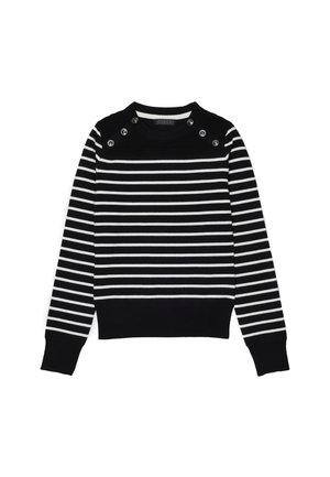 Pull à rayures noir et blanc avec une texture côtelée, un col rond et quatre boutons décoratifs à l'épaule. Coupe classique.
