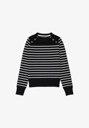Pull à rayures noir et blanc avec une texture côtelée, un col rond et quatre boutons décoratifs à l'épaule. Coupe classique.
