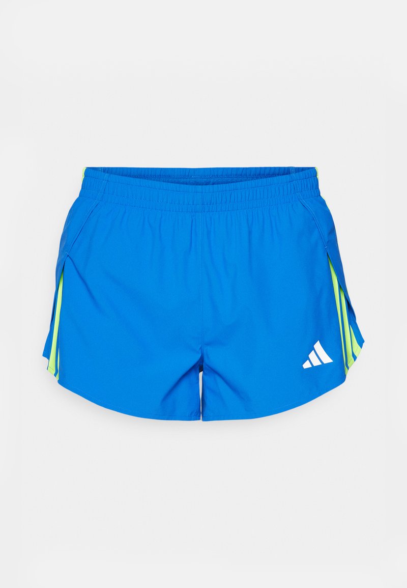 Shorts deportivos azules de material ligero, con detalles en amarillo, una cintura con cordón y un logo blanco en la esquina inferior derecha.