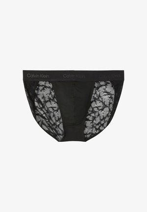 Slip donna neri Calvin Klein con pannelli laterali in pizzo floreale e fascia elastica con logo.