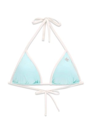 Hellblaues Triangel-Bikini-Oberteil mit weißem Saum und Bändern zum Binden am Hals und Rücken, mit kleinem silbernem Logo auf der rechten Körbchenhälfte.