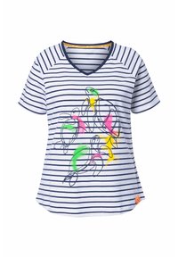 Bavlněné tričko s námořnickými a bílými horizontálními pruhy, výstřih do V a barevnou grafikou želvy v zelené, žluté a růžové. Oranžový akcent loga.