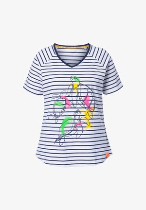 Baumwoll-T-Shirt mit navyblauen und weißen horizontalen Streifen, V-Ausschnitt und buntem Schildkröten-Motiv in Grün, Gelb und Pink. Orangefarbener Logo-Akzent.