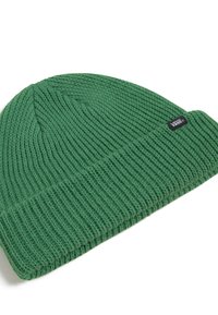 Grüner gestrickter Beanie-Hut mit geripptem Stoff, ausgestattet mit einem umgeschlagenen Saum und einem kleinen schwarzen Vans-Logoetikett.