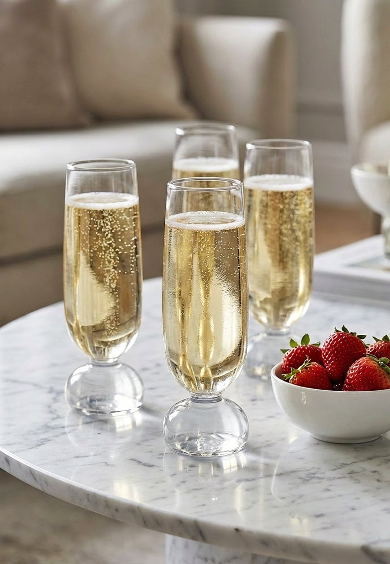 Cztery napełnione kieliszki do szampana na białym marmurowym stole obok białej miski z świeżymi truskawkami w salonie.