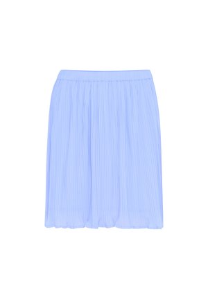 Jupe plissée bleu clair avec une texture douce et diaphane, dotée d'une taille élastique. Le tissu tombe délicatement jusqu'à mi-cuisse.