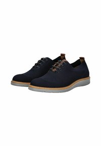 Scarpe in maglia blu navy con superficie testurizzata, dettagli marroni e suole in gomma grigia; dotate di cinque asole e lacci rotondi.