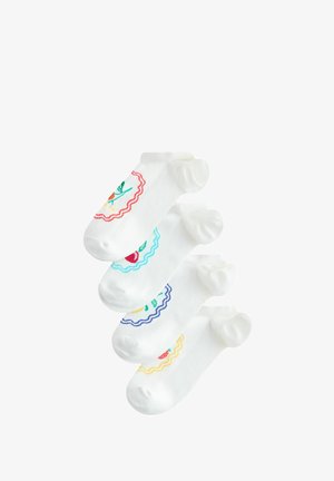 Vier Paare weiße Knöchelsocken mit bunten gewellten Kreis-Mustern und kleinen Frucht- sowie Blumenmotiven auf jedem Paar.