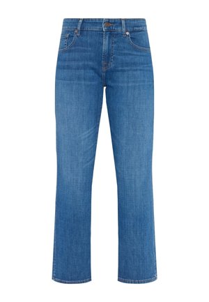 Blauwe denim straight-leg jeans met een klassieke vijf-pocketontwerp, voorzien van koperen klinknagels en stevige stiksels. Glad, middelzwaar materiaal.