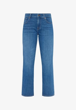 Jeans droits en denim bleu avec un design classique à cinq poches, dotés de rivets en ton cuivre et de coutures robustes. Tissu lisse de poids moyen.