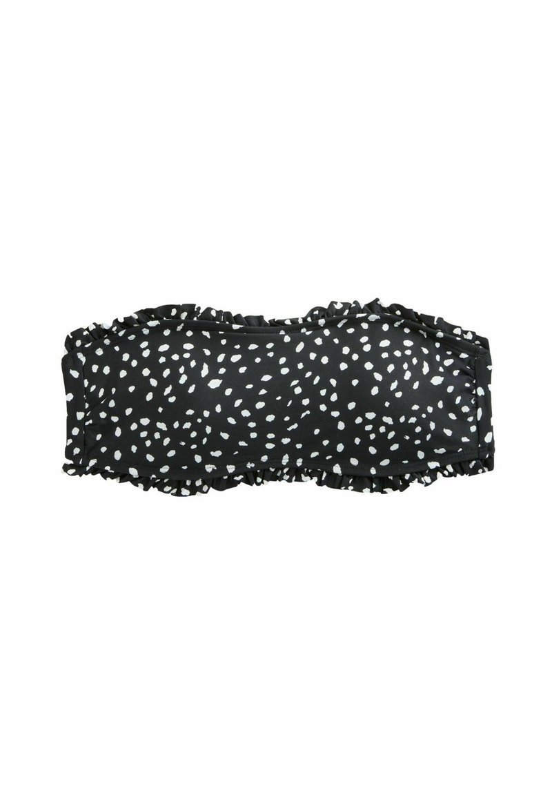 Top bandeau nero con macchie bianche, caratterizzato da un bordo arricciato. Realizzato in tessuto elasticizzato, progettato per un look aderente e senza spalline.