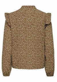 Blouse marron avec un imprimé abstrait blanc, manches longues, accents d'épaules froncés et col montant. Tissu texturé avec une coupe décontractée.