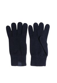 Guanti a maglia blu navy con polsino a coste, design a cinque dita, texture morbida, dotati di un piccolo logo nell'area del polso.
