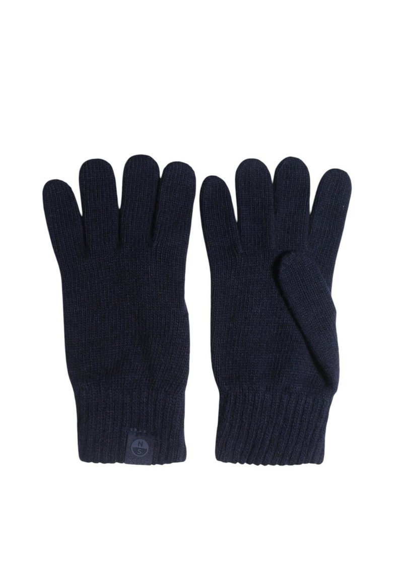 Guanti a maglia blu navy con polsino a coste, design a cinque dita, texture morbida, dotati di un piccolo logo nell'area del polso.