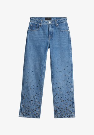 Hellblaue Jeans aus Denimstoff mit geradem Bein. Mit schwarzen Nieten an der unteren Hälfte verziert, im klassischen Fünf-Taschen-Stil.