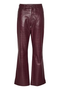 Crocodile-embossed, burgundy faux leather wide-leg trousers with a regular waistband and a front button closure. Features four pockets.